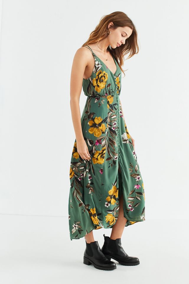 UO Lady Lava Green Floral Covered Button-Down Midi Dress #3