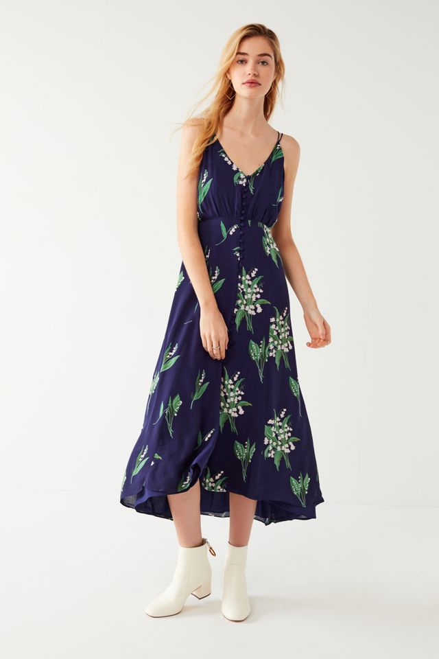 UO Lady Lava Blue Floral Covered Button-Down Midi Dress #1