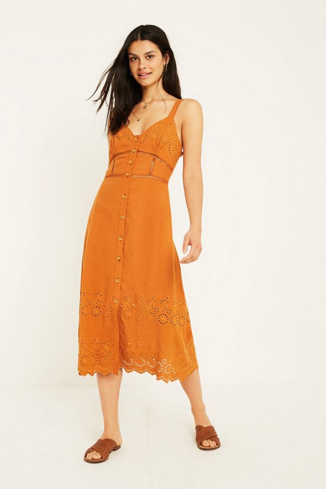 UO Embroidered Tan Button-Through Midi Dress #1