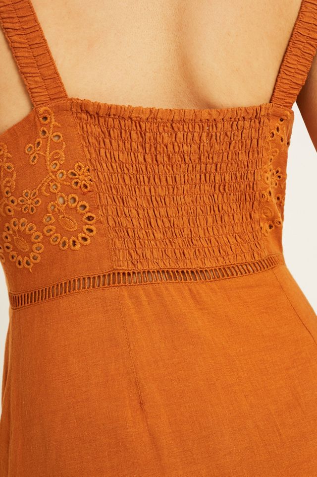 UO Embroidered Tan Button-Through Midi Dress #5