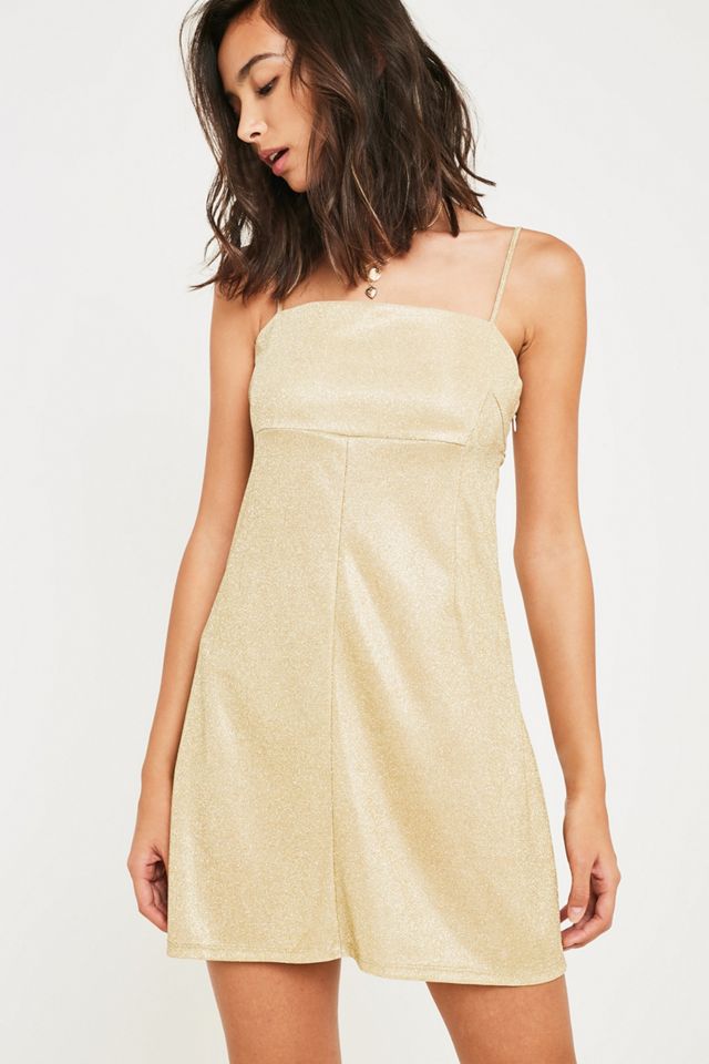 slim fit dress slacks Metallic Gold Satin Lace Trim Midi Dress main image 1