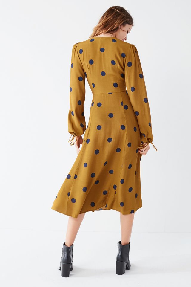 UO Yellow Audrey Polka Dot Long-Sleeve Wrap Midi Dress #3