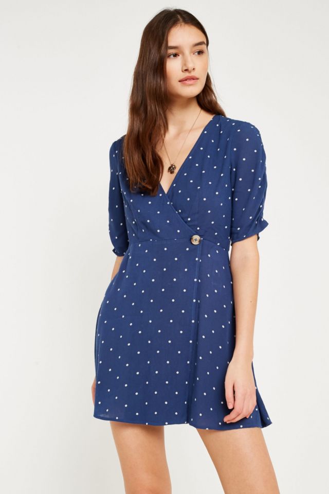 UO Spotted Blue Wrap Dress | Urban Outfitters UK