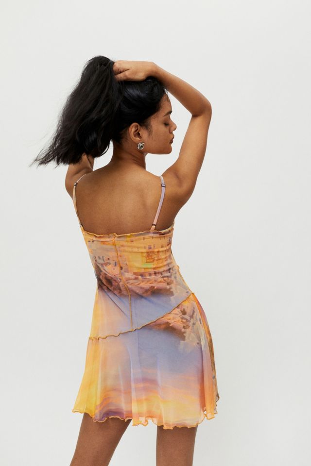 UO Abstract Print Moxie Mesh Slip Mini Dress