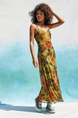 UO Green Bloom Mesh Maxi Dress