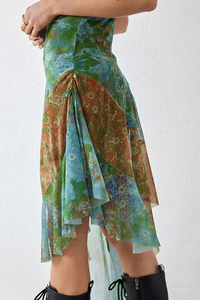 UO Green Floral Phoebe Asymmetrical Mesh Midi Dress  #2