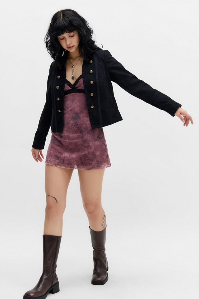 UO Maia Flocked Mesh Mini Dress | Urban Outfitters UK