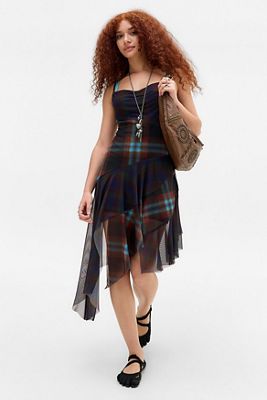blue plaid dress urban outfitters Fitted Square Strap Dress
