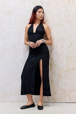UO Juno Devoré Plunge Halter Maxi Dress