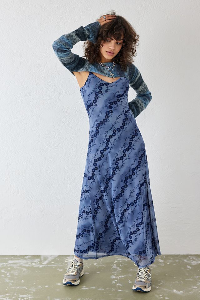 UO Blue Flower Mesh Maxi Dress | Urban Outfitters UK