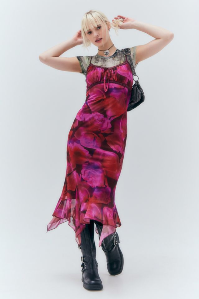 UO Quartz Burgundy Floral Flocked Mesh Midi Dress #1