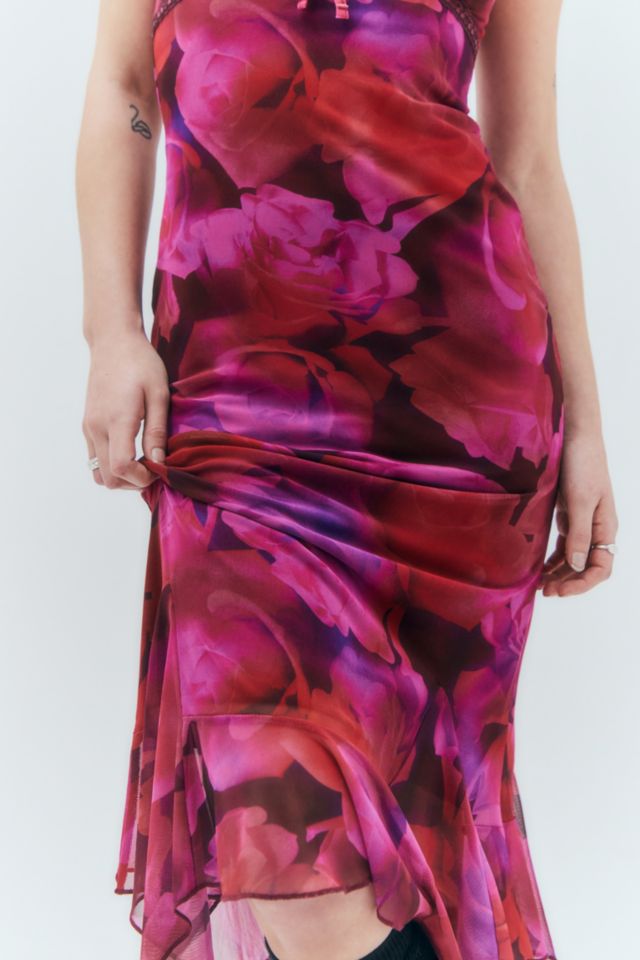 UO Quartz Burgundy Floral Flocked Mesh Midi Dress #2
