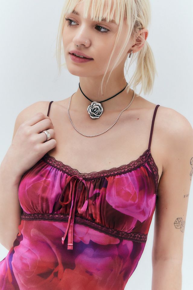 UO Quartz Burgundy Floral Flocked Mesh Midi Dress #3