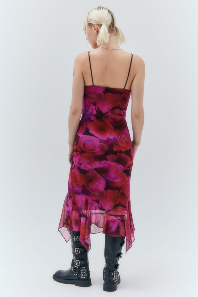 UO Quartz Burgundy Floral Flocked Mesh Midi Dress #4