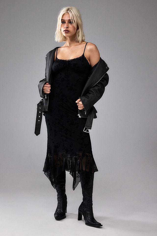 UO Quartz Black Floral Flocked Mesh Midi Dress | Urban Outfitters UK