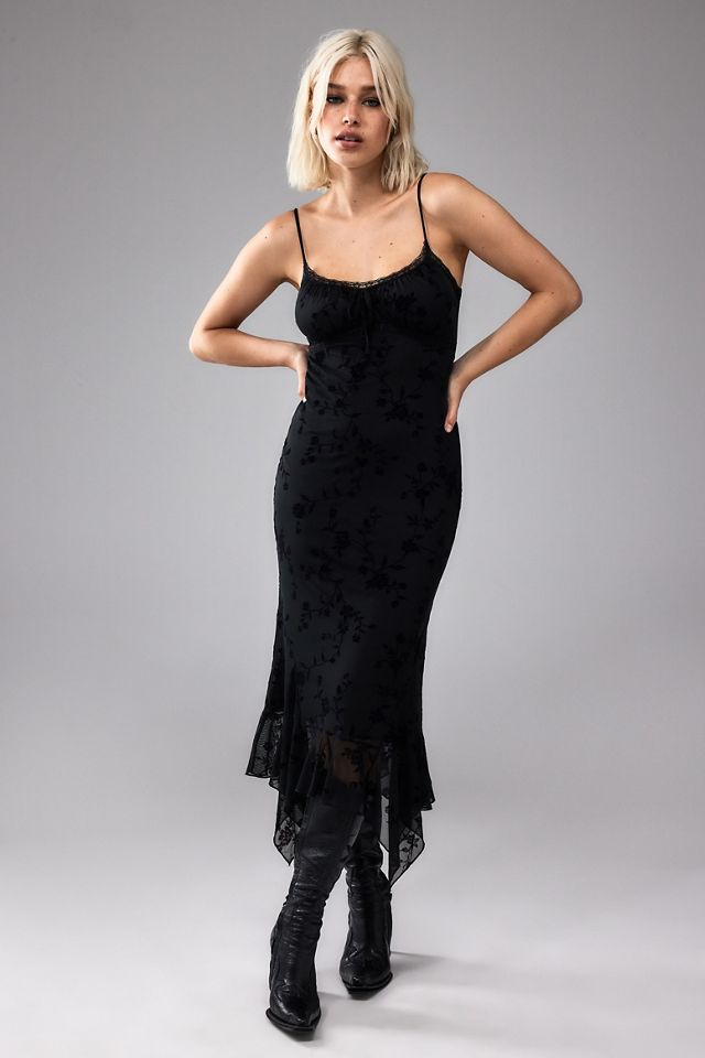 UO Quartz Black Floral Flocked Mesh Midi Dress #1