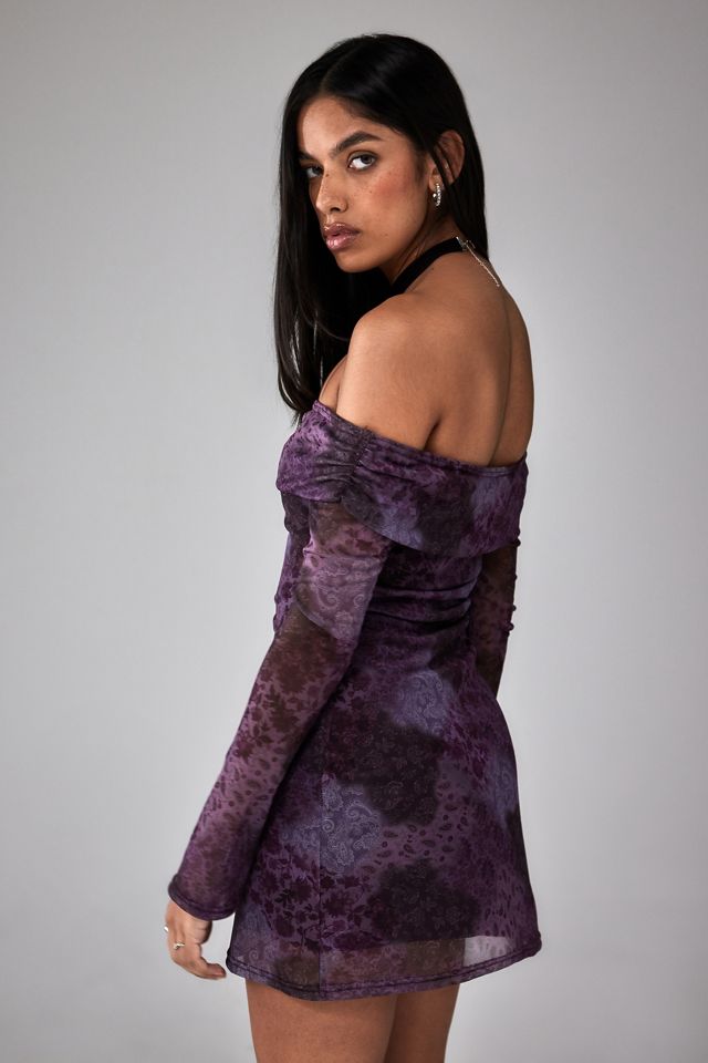 UO Isla Purple Paisley Off-The-Shoulder Mini Dress  #2