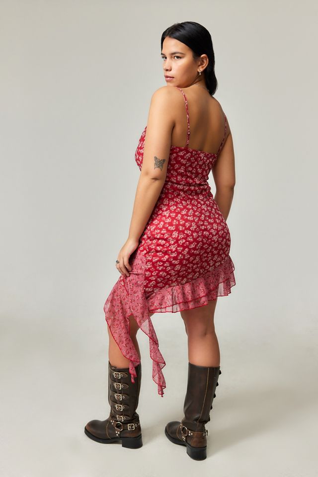 UO Zoey Red Floral Asymmetrical Mini Dress #6