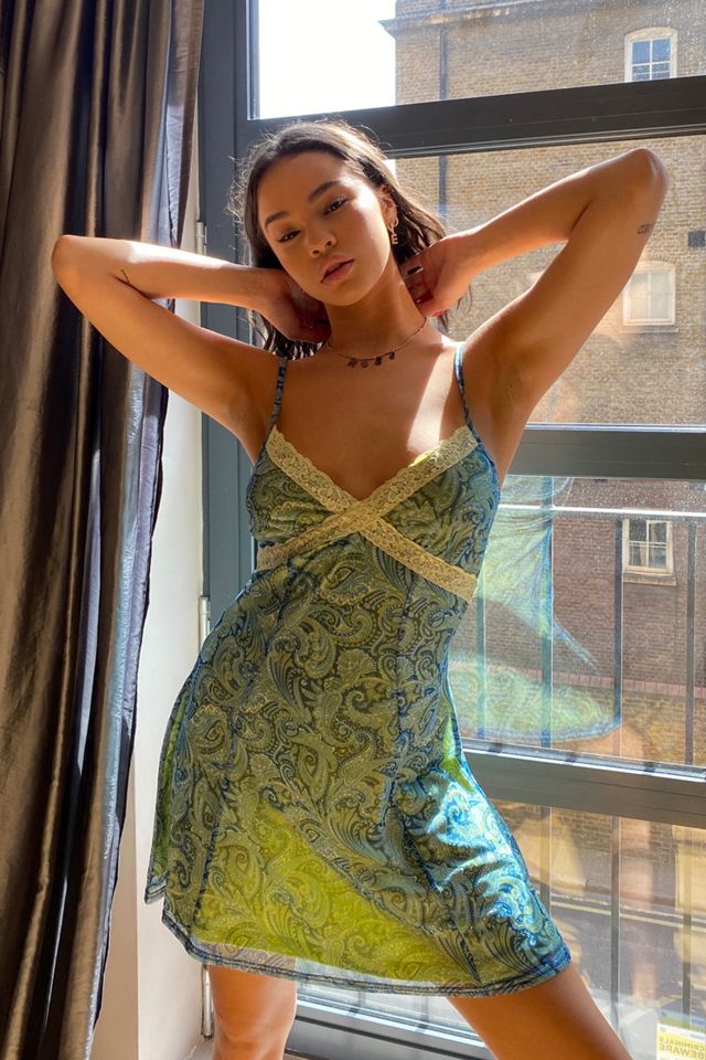 UO Blue Paisley Lace Insert Mesh Mini Dress | Urban Outfitters UK