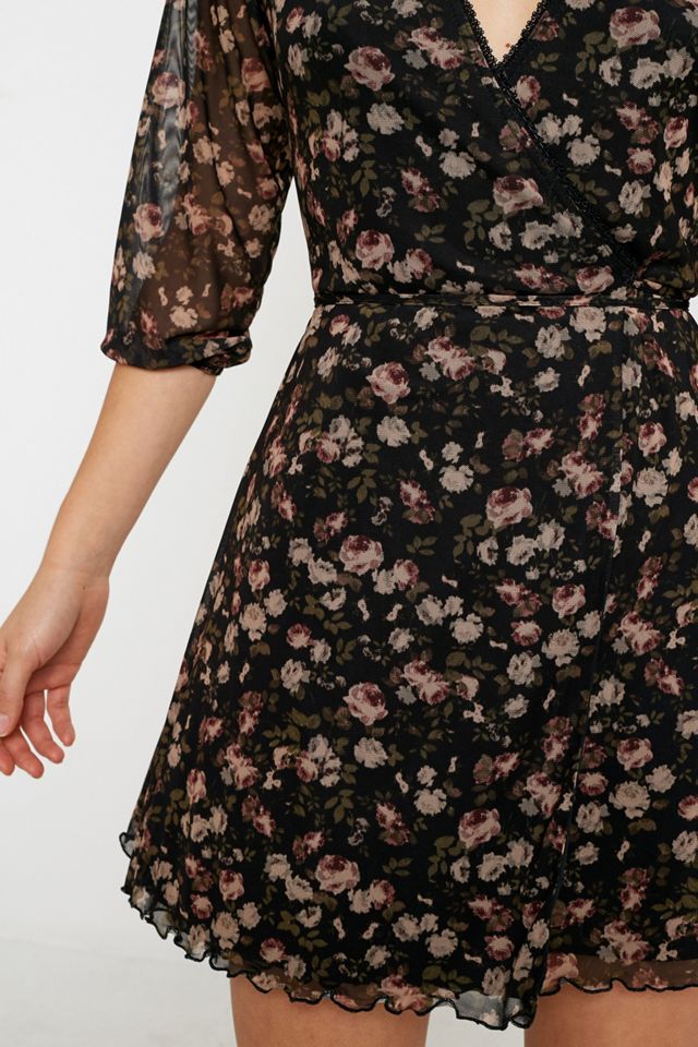 UO Billie Dark Floral Mesh Wrap Mini Dress #1