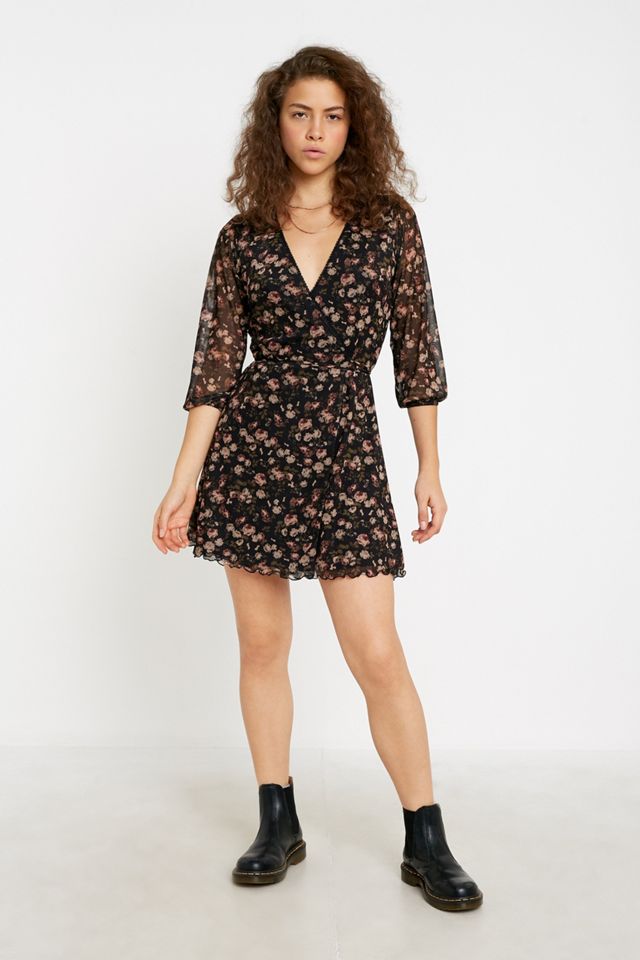 UO Billie Dark Floral Mesh Wrap Mini Dress #2