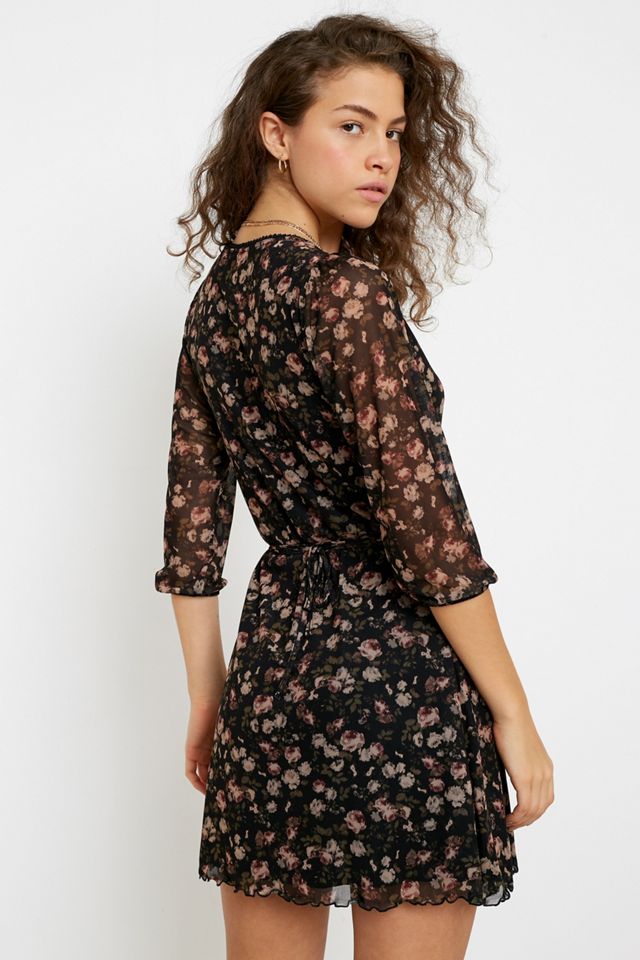UO Billie Dark Floral Mesh Wrap Mini Dress #3