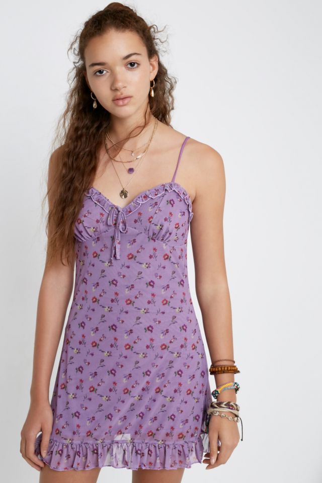 UO Aurelie Lilac Floral Mesh Mini Dress