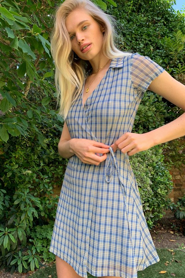 urban outfitters plaid mesh dress BDG Plaid Bow-Back Strapless Mini Dress