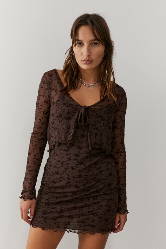 UO Flocked Mesh Chocolate Dress y Cardi Set #3