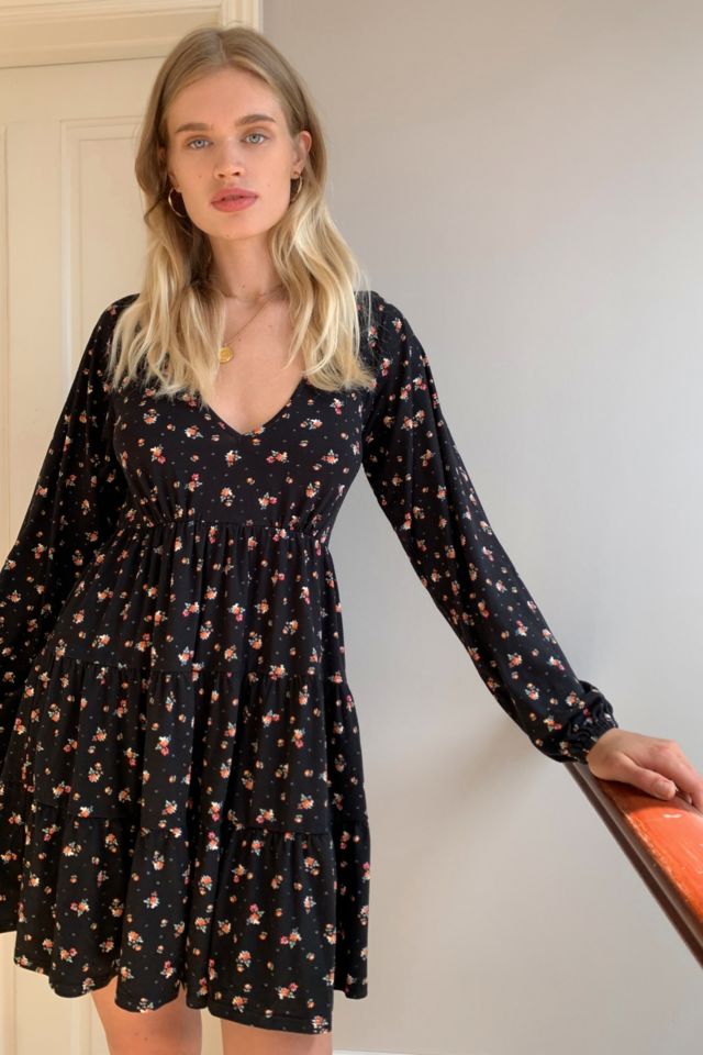 Black floral long outlet sleeve dress