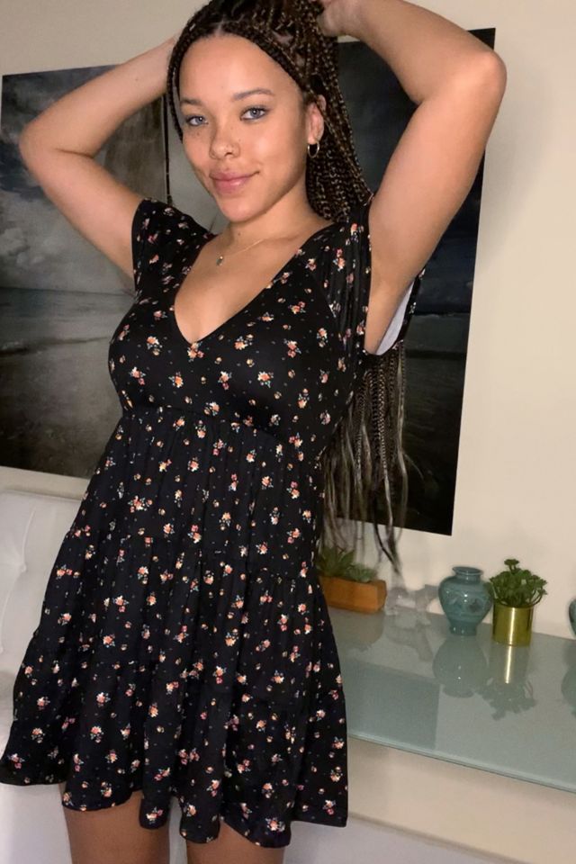 UO Julia Black Floral Short Sleeve Mini Dress Urban Outfitters UK