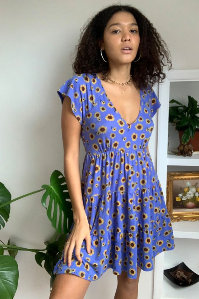 UO Blue Julia Sunflower Print Mini Dress Urban Outfitters UK