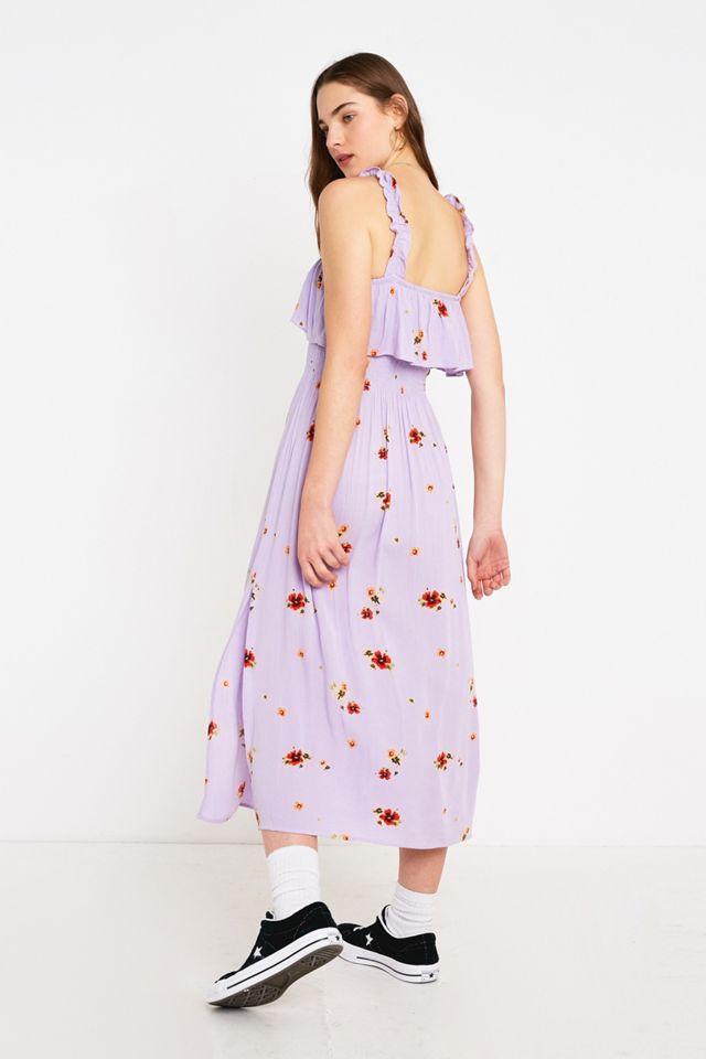 Urban Outfitters – Geblümtes, gerüschtes Midikleid in Flieder #1