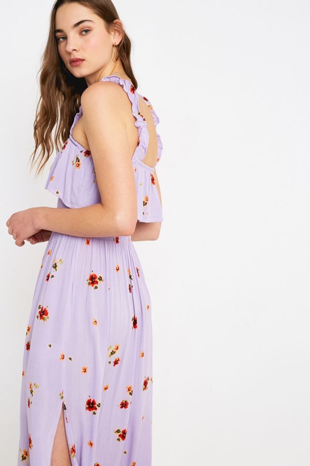 Urban Outfitters – Geblümtes, gerüschtes Midikleid in Flieder #3