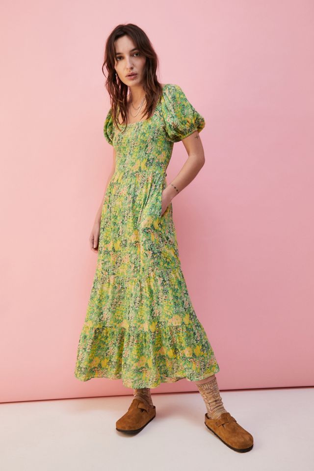 UO Lottie Green Floral Tie-Back Midi Dress | Urban Outfitters UK