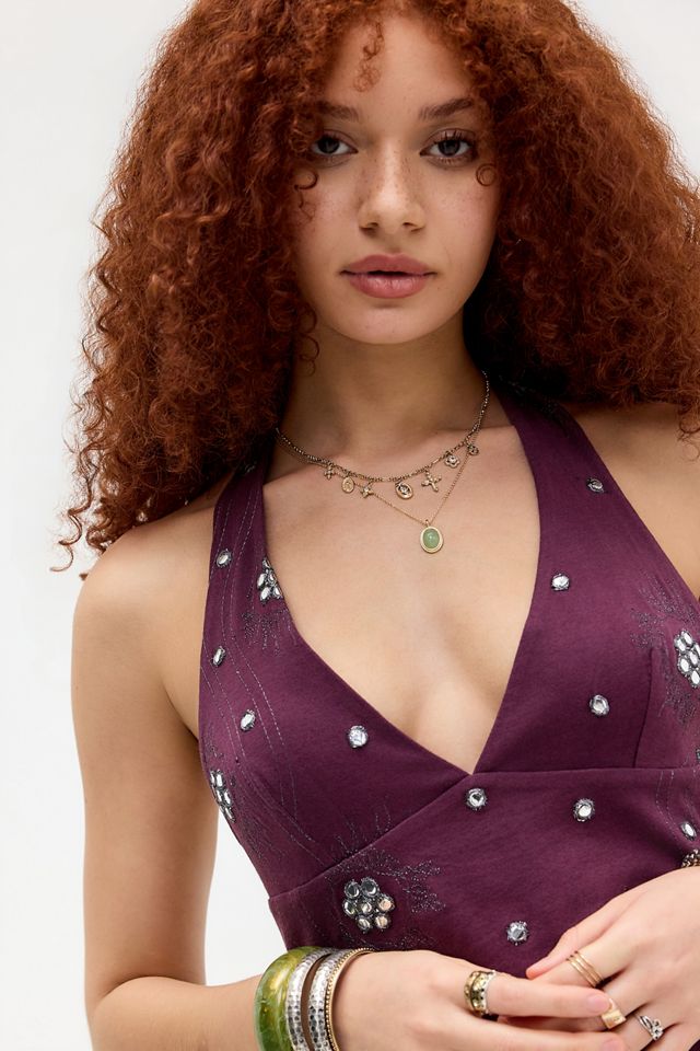 UO Mirror Embroidered Halter Mini Dress #2