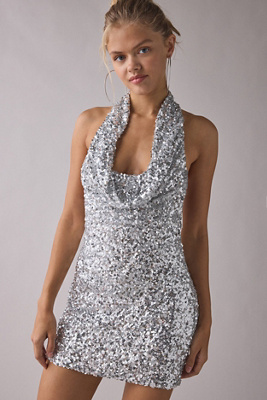UO Coyote Cowl Neck Sequin Mini Dress - Silver S at Urban Outfitters