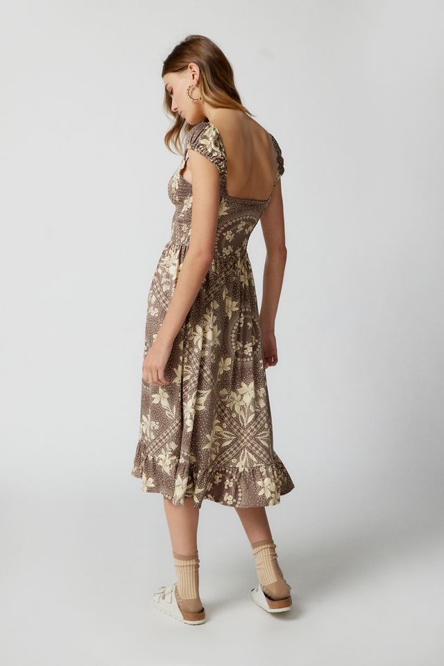 UO Elenor Brown Geometric Floral Midi Dress  #3