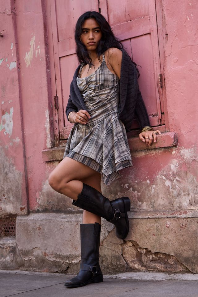 UO Adina Gathered Check Drop Waist Mini Dress #1