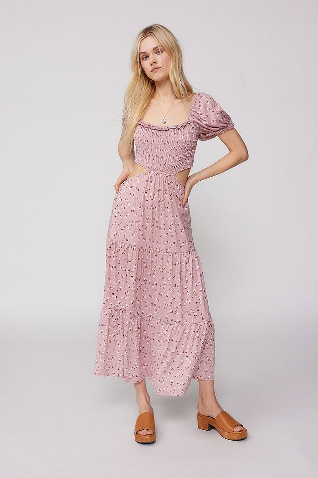urban outfitters pink maxi dress UO Harley Sequin Halter back maxi dress Open back party dress Light chiffon fabric Square neckline and spaghetti straps Crisscross tie UO Jane Pink Floral Puff