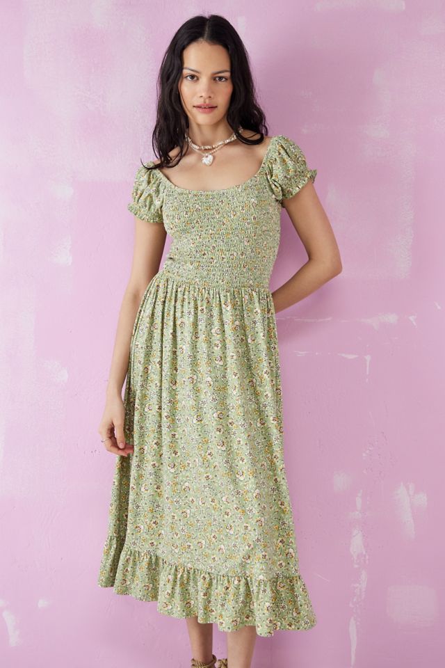 UO Tessie Green Floral Midi Dress | Urban Outfitters UK