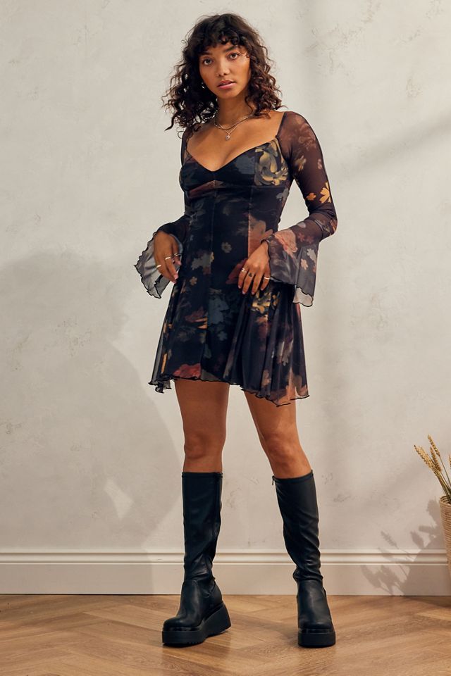 UO Paprika Flute Sleeve Mesh Mini Dress Urban Outfitters UK