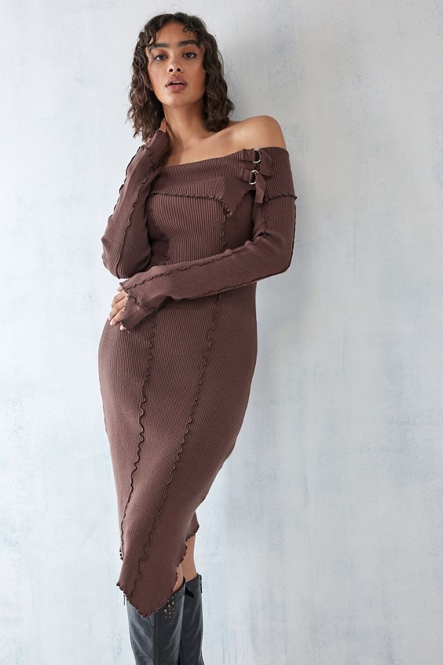 UO Emmie Knitted Off-The-Shoulder Asymmetrical Midi Dress | Urban  Outfitters UK