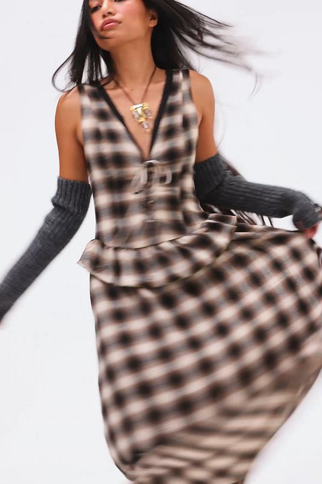 knee length dresses for ladies Urban Outfitters Navy/Red Brown Plaid Midi Dress