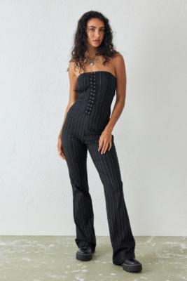 UO Bengaline Pinstripe Bandeau Jumpsuit - Black XL at Urban Outfitters