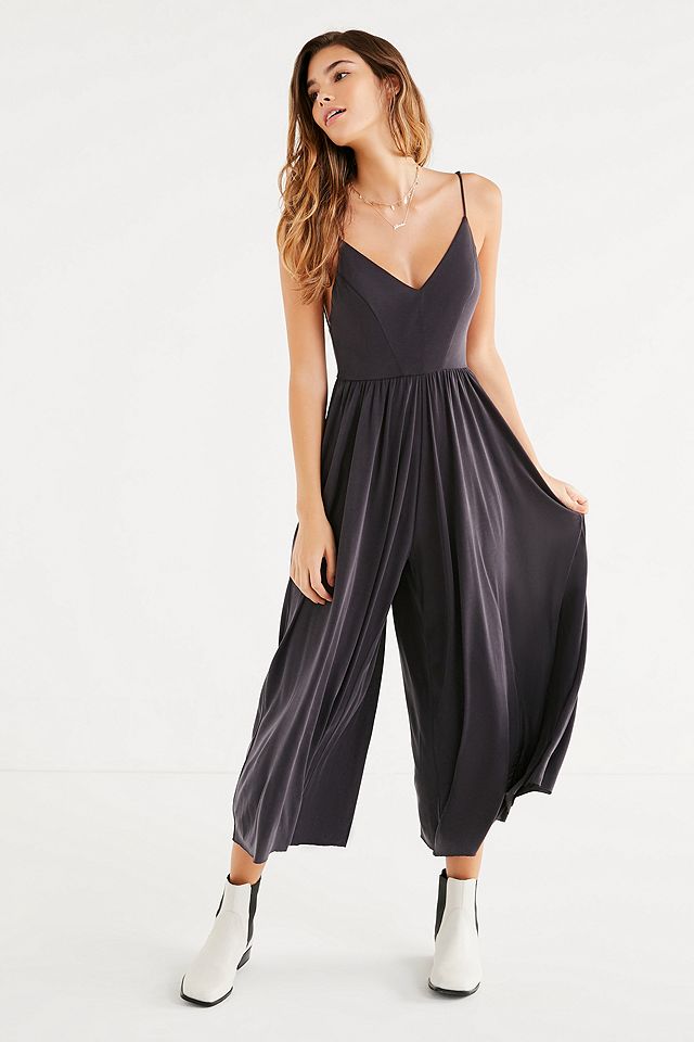 Pins & Needles Molly Black Cupro Culotte Jumpsuit | Urban Outfitters UK