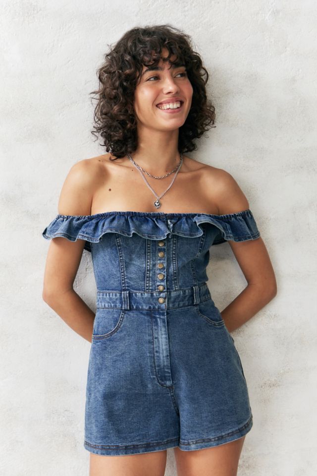 Off the shoulder denim playsuit online