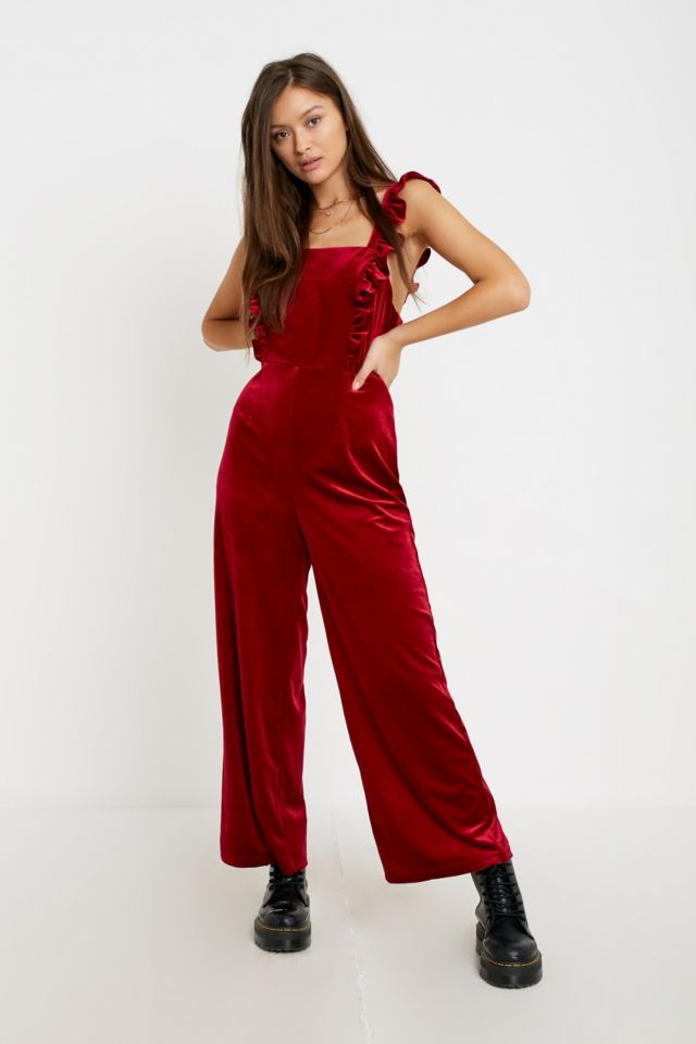 UO Emmett Velvet Frill Jumpsuit | Urban Outfitters UK