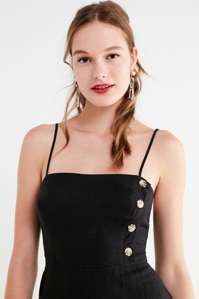 UO Black Straight-Neck Linen Button-Down Jumpsuit #5