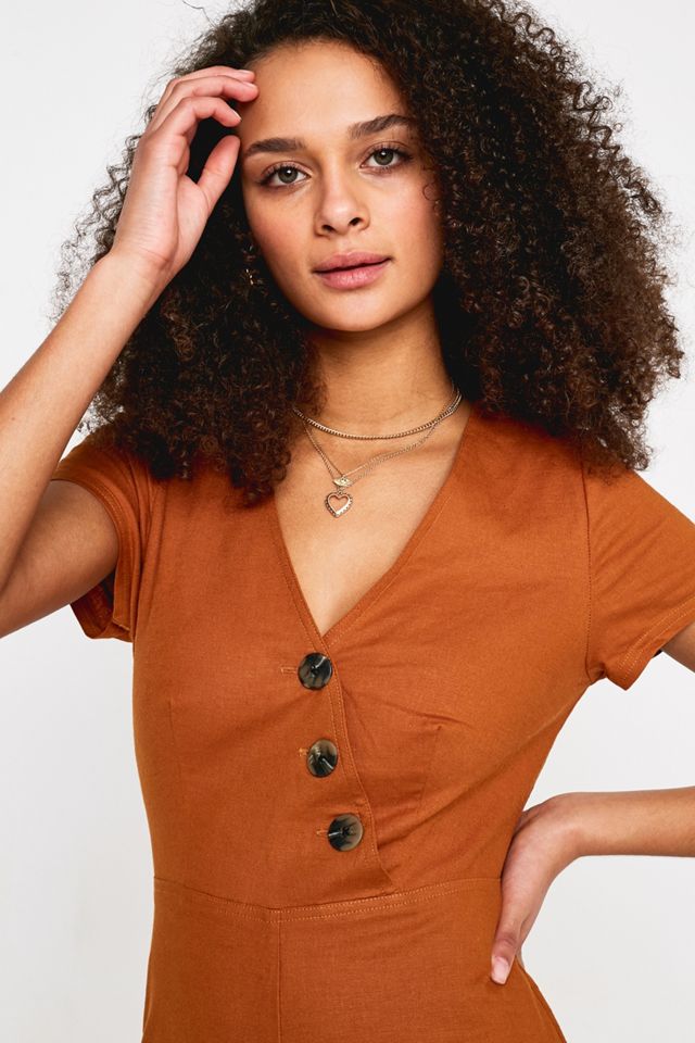 UO Karen Brown Surplice Button-Through Jumpsuit #1